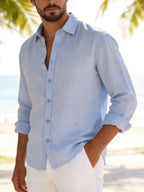 Single Piece Loose and Comfortable Men's Long Sleeved Shirt, with a Simple and Versatile Solid Color Style, Button Opening and Closing Design, Suitable for Casual Daily Wear. - Sky Blue