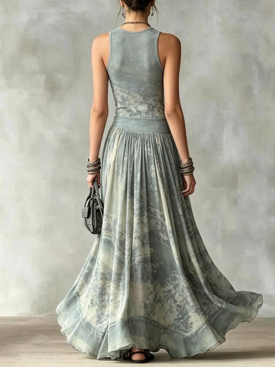 Style Retro Ombre Printed Waist-Cinching Sleeveless Long Dress, Flowing Full Skirt Vacation Style Dress - Grey