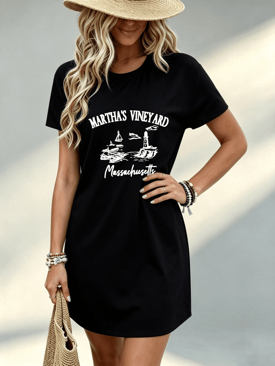 [Printed Design - Not Textured] Casual Women Dress Martha S Vineyard Massachusetts Graphic Print Beach Vacation Gift for Her 100% Polyester - Black