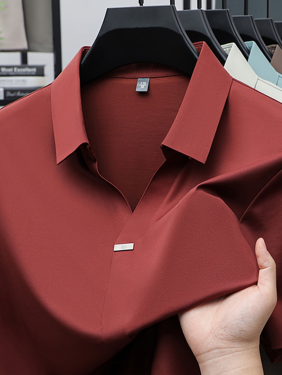 Summer New Men'S Short Sleeve Shirt Outerwear Fashion Trendy All-Match V-Neck Polo Collar - SINBOS - Red