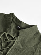 Men's Retro Linen Henley Shirt - Adjustable -Neck Collar & Drawstring Neckline, Lightweight Breathable Suitable for Beach Vacations, Resort Travel, Outdoor Leisure, Casual Pullover Top with Hem, Machine Washable Loose Fit - Olive Green