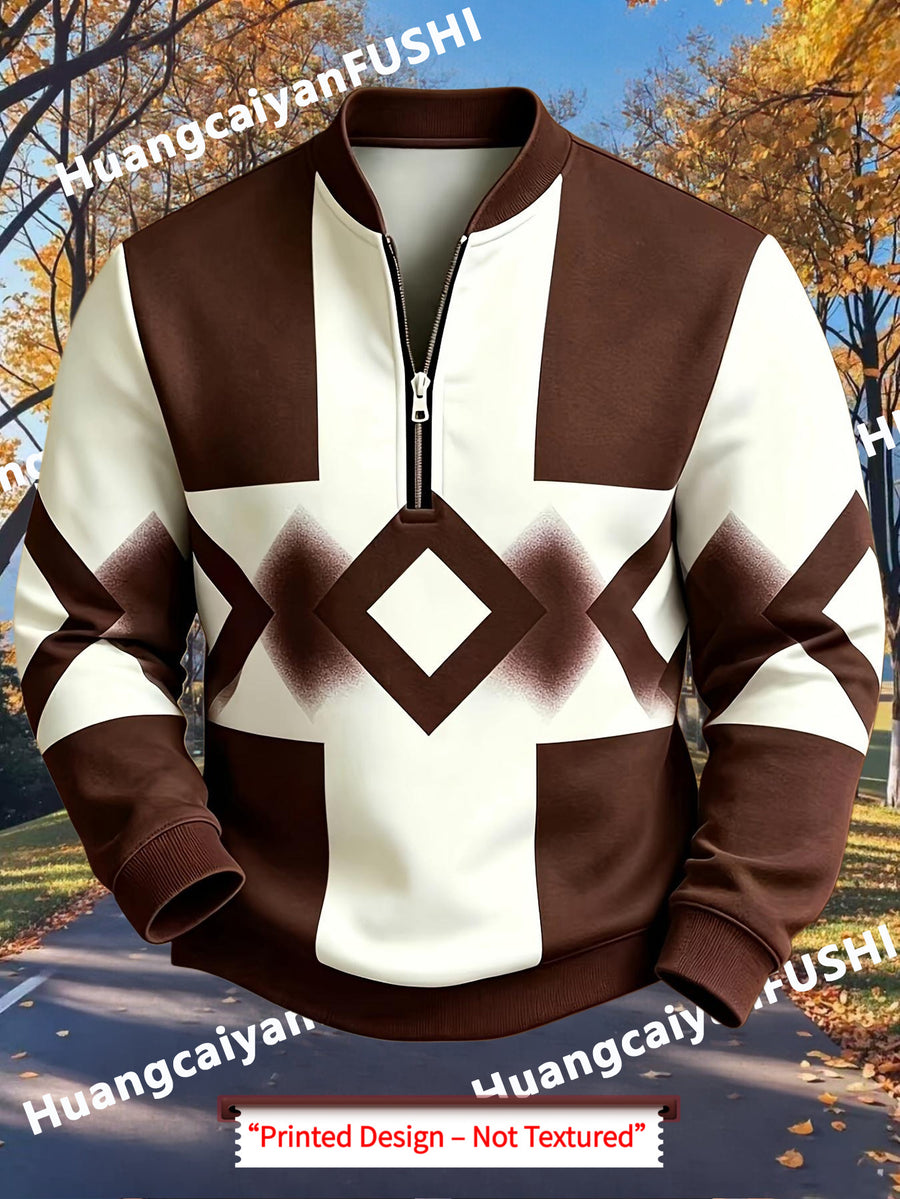 Men'S Autumn Winter Polo Zipper Sweatshirt, Men'S Trendy New Half-Zip POLO Sweatshirt, American Retro Geometric Color-Block Print, High Quality And Durable, Machine Washable, Essential for Daily Casual Gatherings And Outdoors - Mixed colors