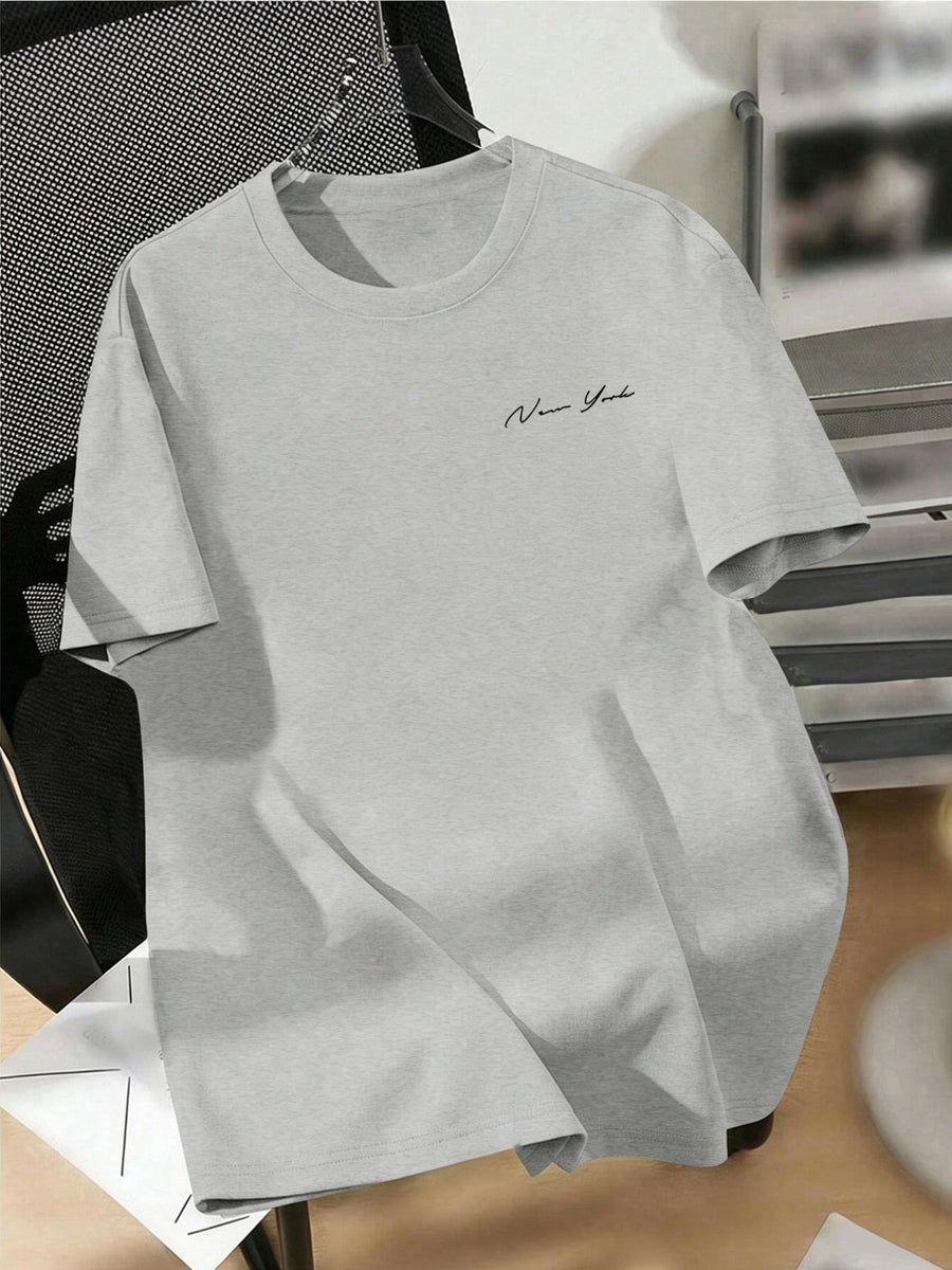 Men' New York Letter Print T-Shirt - Minimalist Round Neck Short Sleeve Tee with, Machine Washable Casual Basic Shirt Suitable for Summer, Office & Casual Attire, Non- Regular Fit for Men - Light Grey