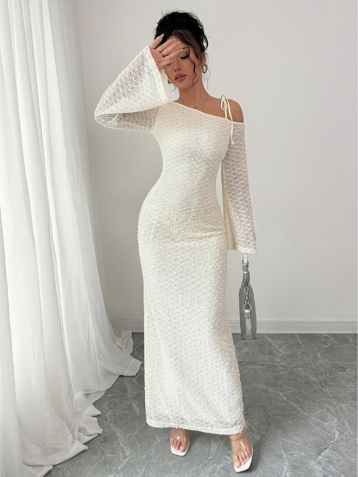YY0717063 Elegant Women'S Casual Long-Sleeve Asymmetrical Long Dress, a Graceful And Comfortable Outfit Suitable for Daily Wear, Dates, Parties, Or Business Occasions #A6632 - Milky