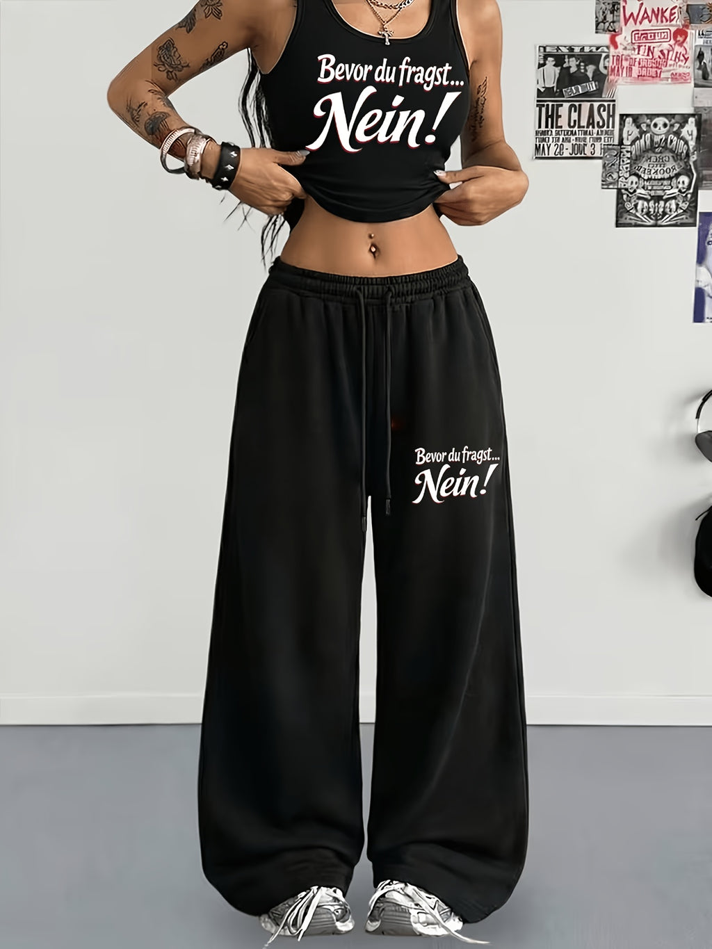 [Casual Athletic] German Slogan 2pcs Set "Not Before You Ask" Letter Print Tank Top And Wide-Leg Sweatpants Outfit, Playful Ironic Athletic Wear - Black