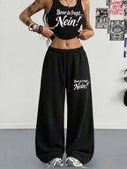 [Casual Athletic] German Slogan 2pcs Set "Not Before You Ask" Letter Print Tank Top And Wide-Leg Sweatpants Outfit, Playful Ironic Athletic Wear - Black