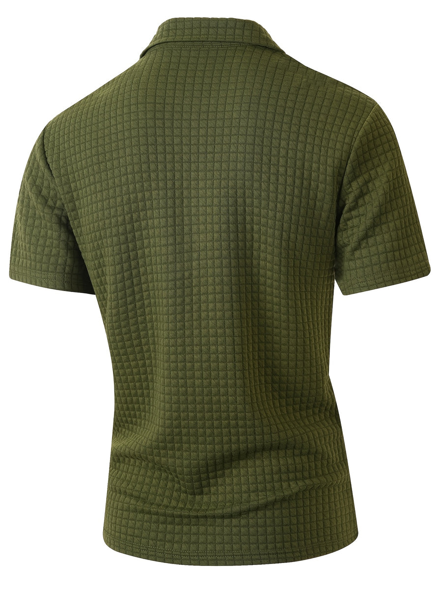 Men'S Waffle Polo Shirt, Zipper Collar Design Short Sleeve T-Shirt, Summer Casual Daily Commute Versatile Top - fern green