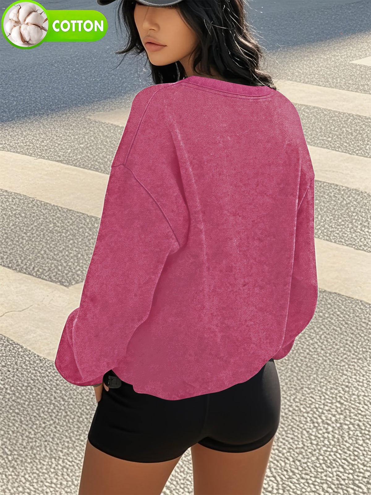 Cat Printed Casual Retro Women's Washed Round Neck Hoodie for Autumn and Winter - Rose Red