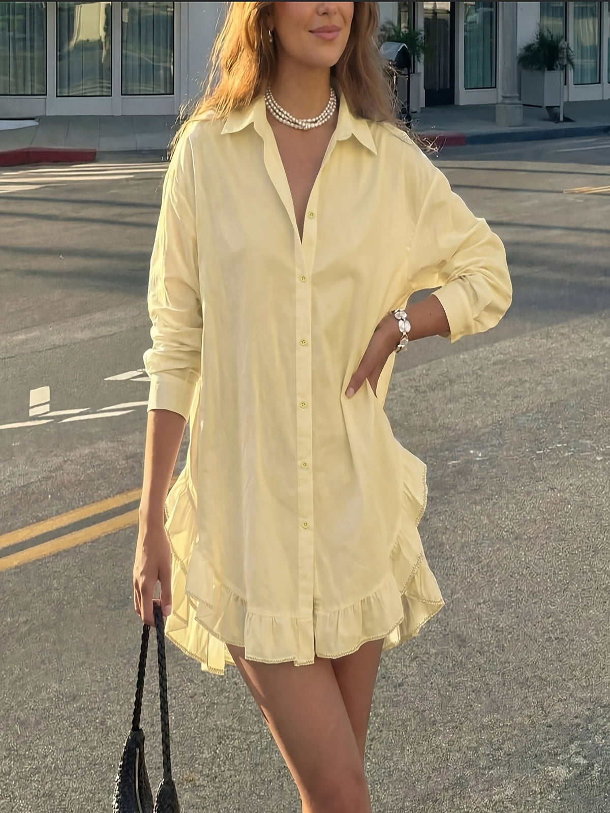 Casual Solid-color Ruffle-trimmed Top, Spring/summer Style - Yellow