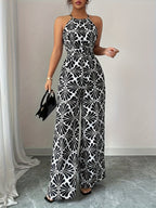 Women'S Printed Fabric Ruched Jumpsuit with Halter Neck, Elegant for Holiday And Everyday Wear - Multicolor