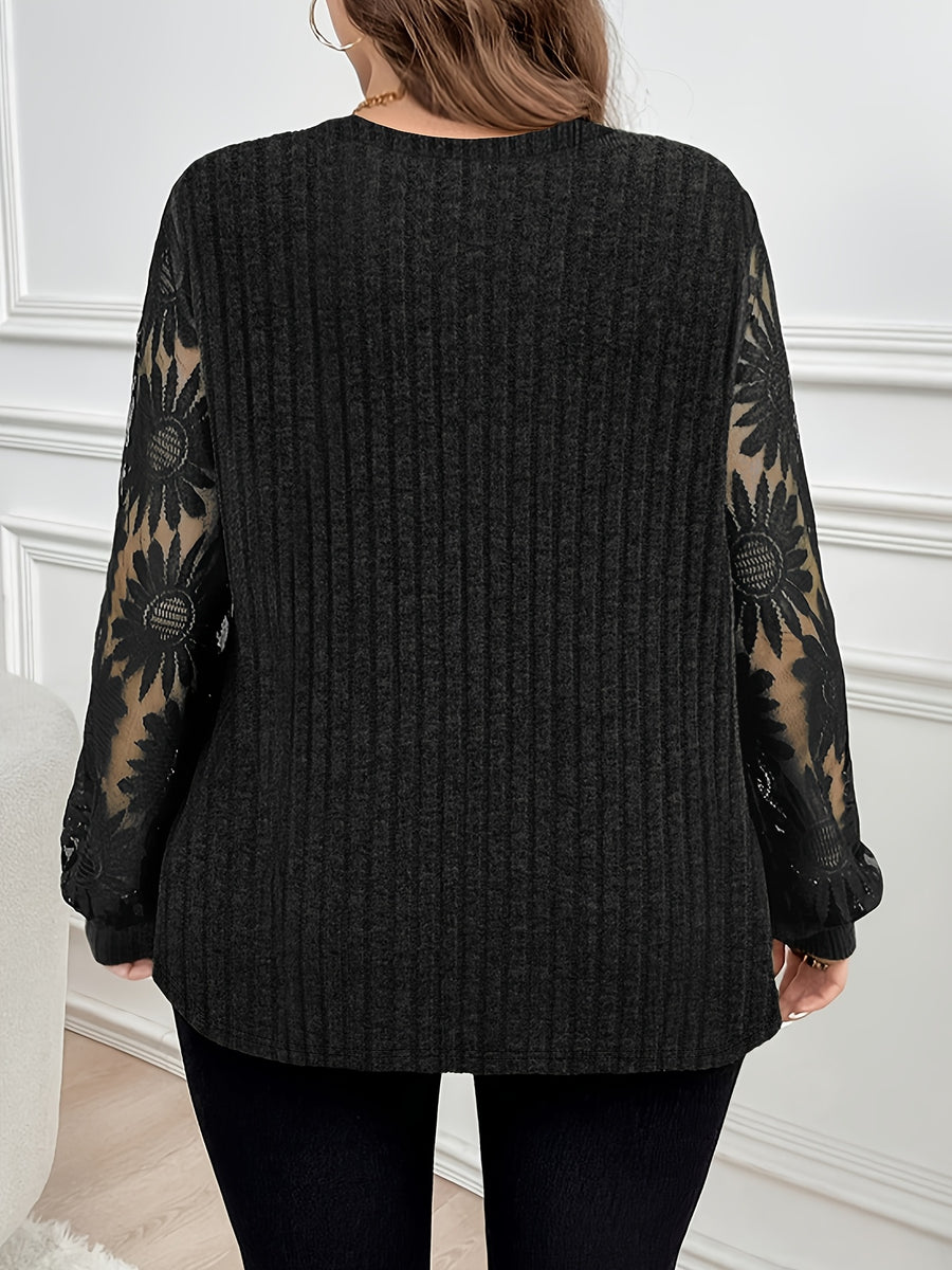 Plus Size Women'S Top, Western Fashion New Size Large Faux Two-Piece Lace Patchwork Long Sleeve T-Shirt - Black