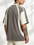 Men's Gray & White Color-Block T-Shirt - Breathable Short Sleeve Round Neck Top with Contrast Line Design | Loose Fit Suitable for American/European Casual Wear, Machine Washable Summer Shirt for Gym, Everyday Outfits & Layering - Mixed colors