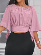 Tie Back Ruched Blouse, Elegant Solid Color Blouse For Spring & Summer, Women's Clothing - Pink
