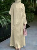 Muslim Women's Dress, Loose Fit, Middle Eastern Traditional Thobe, Straight Cut Long Sleeve Elegant Muslim Long Dress, Long Abaya, Light Golden Fine Branch and Leaf Botanical Print Dress, Headscarf Not Included - Mixed colors