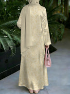 Muslim Women's Dress, Loose Fit, Middle Eastern Traditional Thobe, Straight Cut Long Sleeve Elegant Muslim Long Dress, Long Abaya, Light Golden Fine Branch and Leaf Botanical Print Dress, Headscarf Not Included - Mixed colors