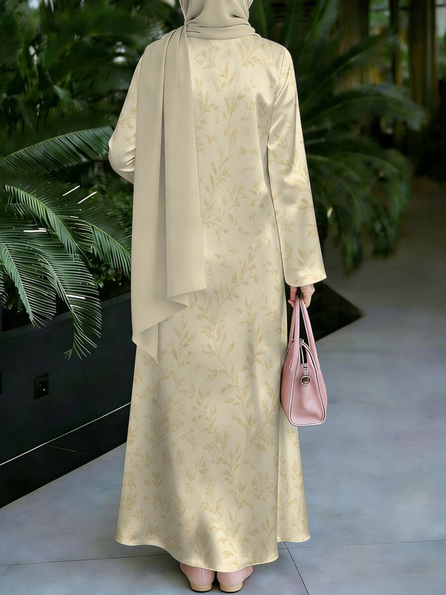 Muslim Women's Dress, Loose Fit, Middle Eastern Traditional Thobe, Straight Cut Long Sleeve Elegant Muslim Long Dress, Long Abaya, Light Golden Fine Branch and Leaf Botanical Print Dress, Headscarf Not Included - Mixed colors