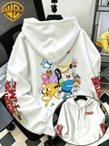 Adventure Time Full Character Cartoon Print Hooded Sweatshirt - Men'S Casual All-Match Pullover, Comfortable Fall/Winter Wear for Sports, Outdoors, Picnics, Travel, Daily/Commute/Home, Perfect Gift for Lovers And Friends - Unisex - White
