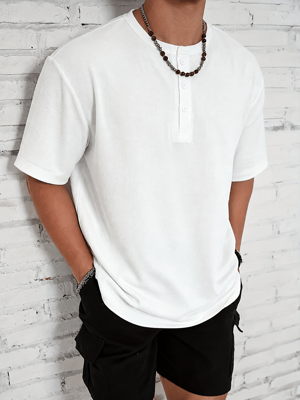 Men'S Shirt, Waffle Fabric, 3-Button Open Placket, White Basic Style, Casual Leisure, Easy Versatile, Slim Fit, Summer Commute, Henley Collar Short Sleeve, Breathable Skin-Friendly, Minimalist Top, Women'S Oversized, Machine Washable Soft Fabric - White