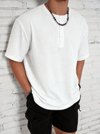 Men'S Shirt, Waffle Fabric, 3-Button Open Placket, White Basic Style, Casual Leisure, Easy Versatile, Slim Fit, Summer Commute, Henley Collar Short Sleeve, Breathable Skin-Friendly, Minimalist Top, Women'S Oversized, Machine Washable Soft Fabric - White