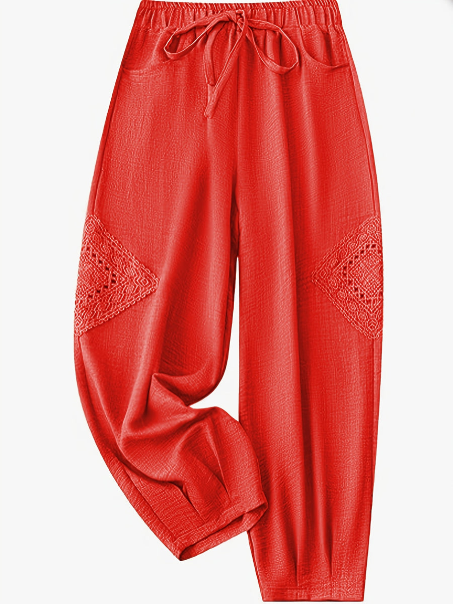 Women's Color Block Lace Casual Drawstring Waist Bow Capri Pants with Pockets - Red