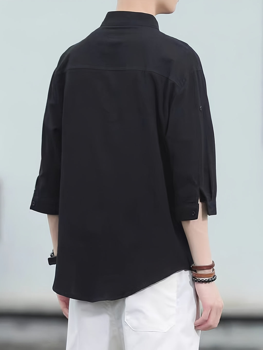 New Loose-fitting Chinese-style Stand-up Collar Men's Shirt, Comfortable and Breathable Linen Men's Mid-length Sleeve Shirt, Simple and Versatile Men's Casual Shirt. - Black