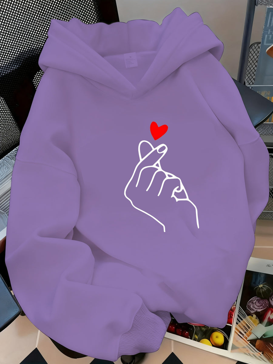 A Stylish And Minimalist Hoodie with a Heart Gesture Print, Perfect for Casual Wear, Campus Life, And Couples. This Versatile Long-Sleeve Sweatshirt Is Comfortable for Autumn And Winter - Purple