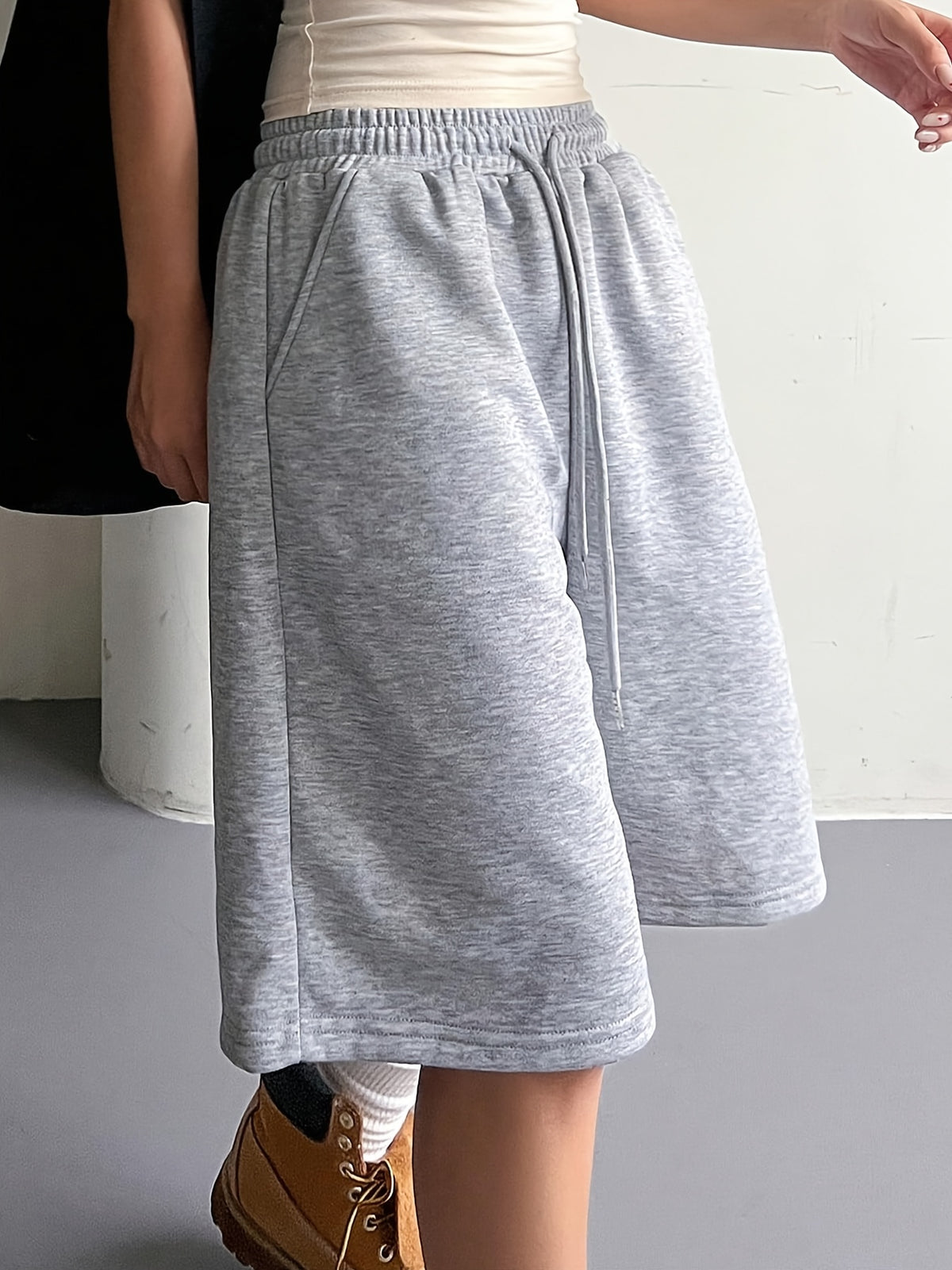 Women'S Elastic Waist Drawstring Tie Loose Bermuda Shorts, Casual Street Style, Women'S Summer - Light Grey