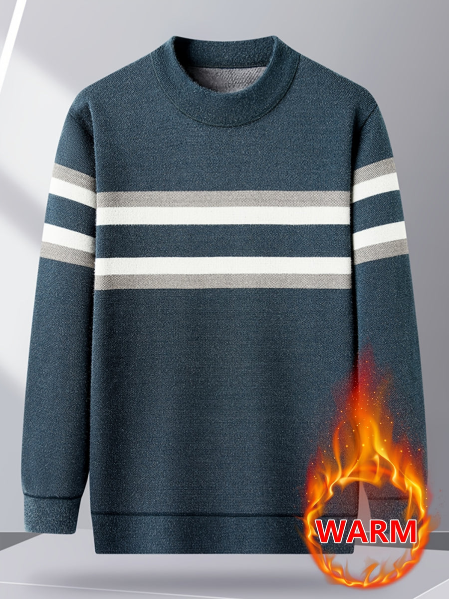 Minimalist Urban -Lined Crewneck Knit Sweater for Warm Daily Commuting - Blue