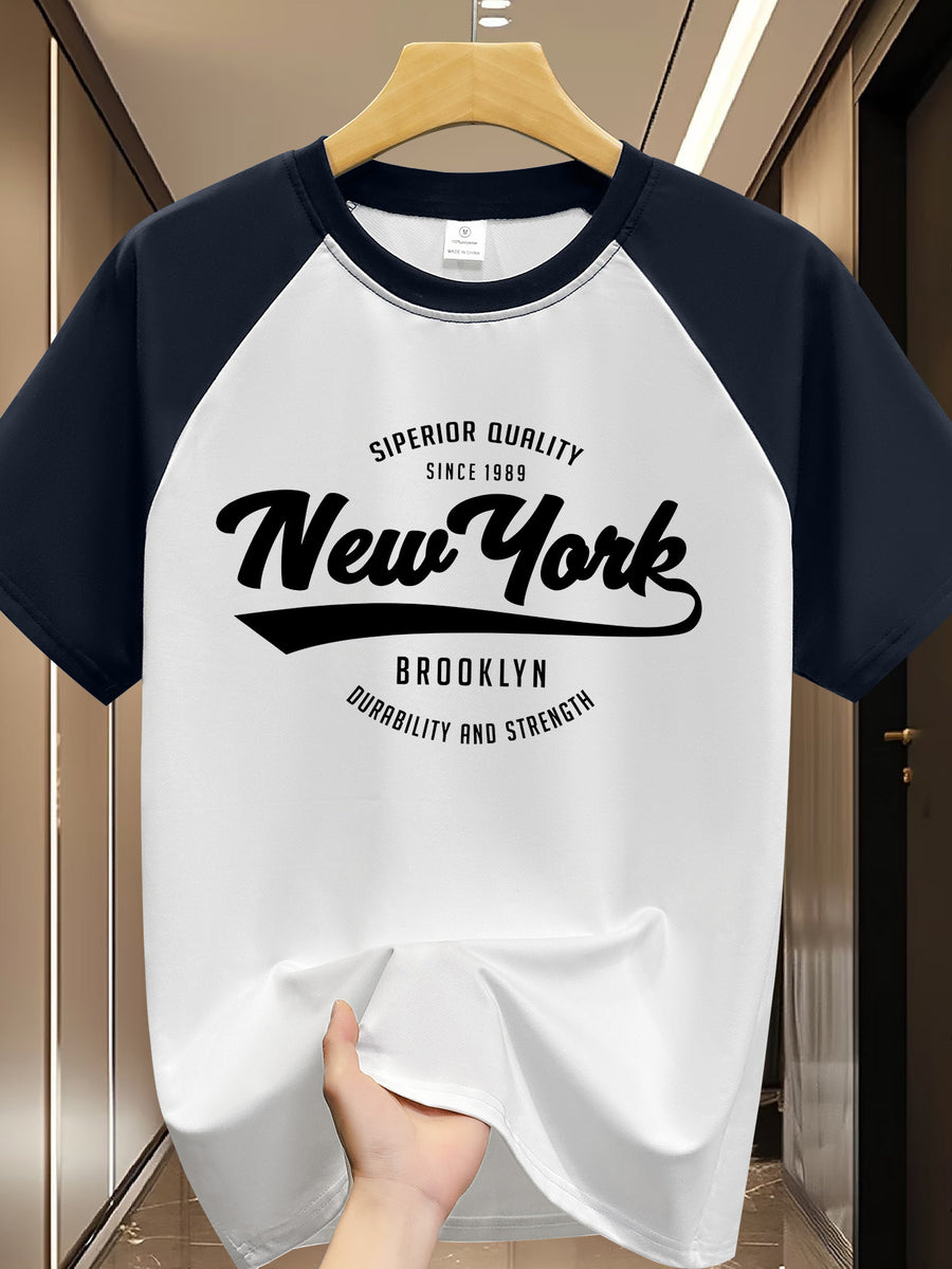 Men's Fashionable Graphic Raglan Sleeve T-shirt, Summer Casual and Comfortable T-shirt, Men's Short-sleeved Top for Daily Activities - White+Navy Blue