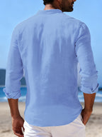 Men's 100% Pure Cotton Lapel Button-Up Long Sleeve Shirt, 2pcs Set. A Versatile Casual Top for Spring and Autumn, Suitable for Daily Wear. The Fabric Is Comfortable and Breathable, Making It Perfect for Beach Vacations and Everyday Outings - Green+Light Blue