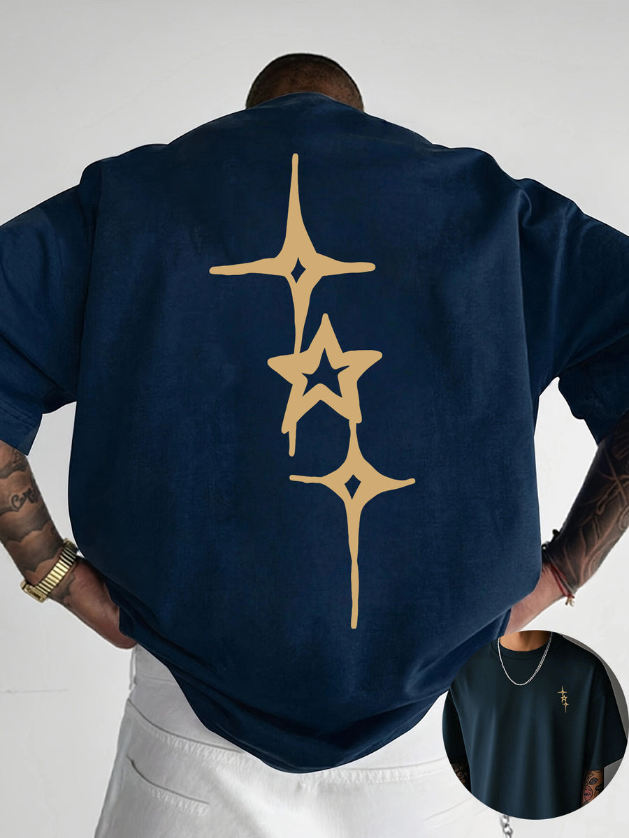 Creative Front And Back Print Round Neck T-Shirt, Pure Summer Trendy Short Sleeve, Casual Everyday Style Top, Essential for Outings, Great Gift Choice - Navy Color