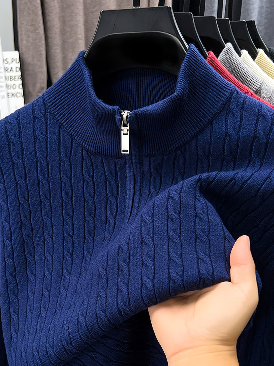 Half-zip Cable-knit Sweater, Fully Constructed with Herringbone Cable Stitching for a Strong Three-dimensional Texture. Compared to a Stockinette Sweater, It Has a More Vintage Feel. The Slightly Relaxed Fit Offers Good Forgiveness for Body Shapes - Navy Color