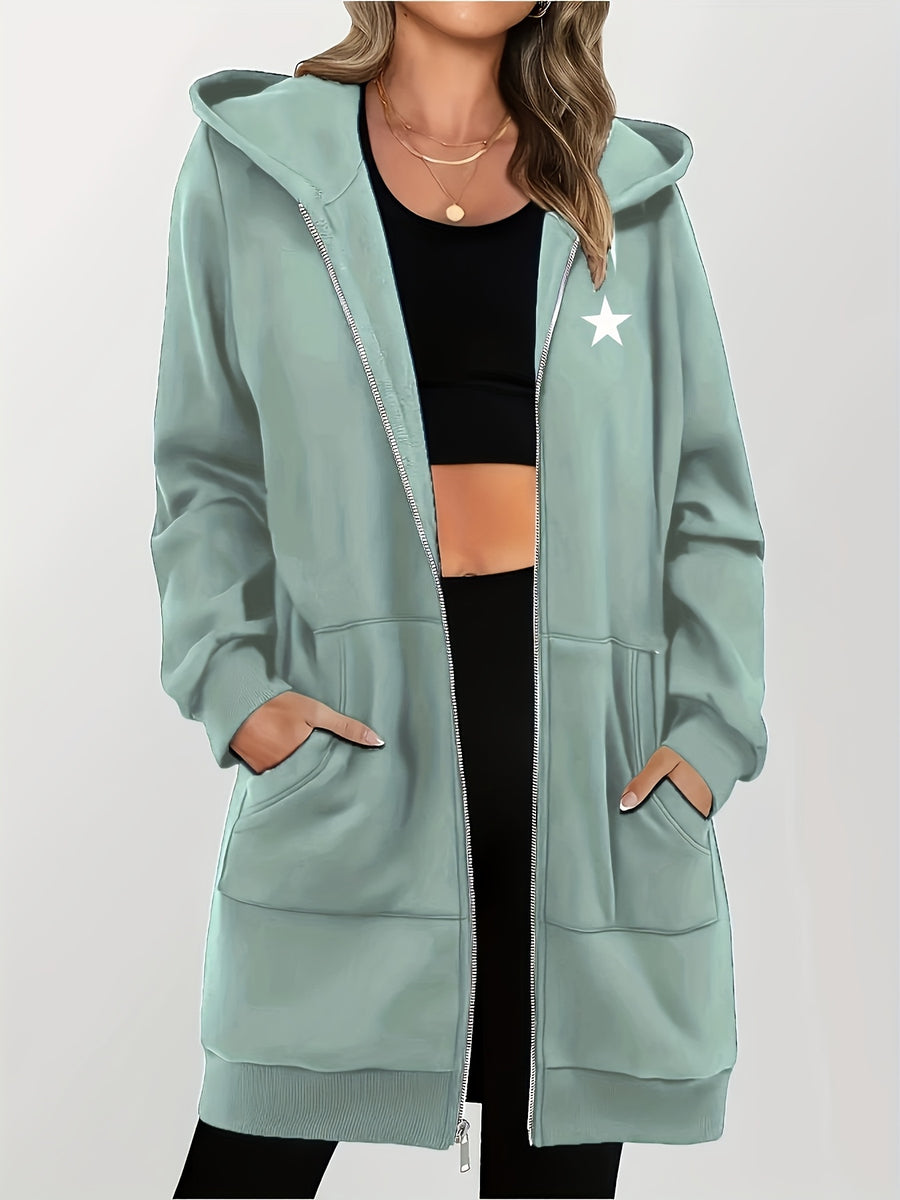 Women's Star Pattern Print Hoodie, Fashionable Zip-Up Hooded Sweatshirt for Women - Light Green