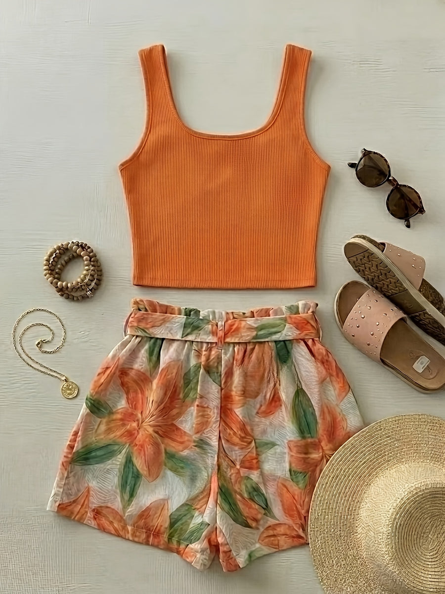 Summer Vacation Style Bright Orange Camisole + Tie-Side Shorts 2pcs Set - Orange Camisole + Floral Print Shorts