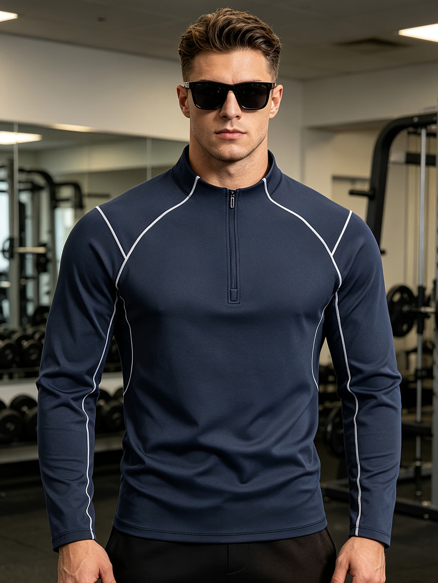 Single Pc Men'S Multi-Color Elastic Sports Fabric Long Sleeve Shirt, Half-Zipper Stand Collar, Contrast Line Decoration, Drop Shoulder Structure, Easy Techwear Style, Spring/Autumn Fit Waist-Cinching Shape - Dark Blue