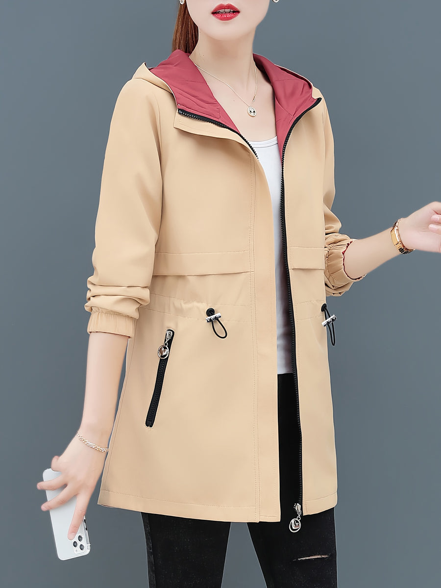Reversible Women'S Trench Coat Jacket, Mid-Length Hooded Outerwear, Spring/Autumn Red And Green Contrast, Adjustable Waist Tie, Casual Elegant Outdoor Cardigan Top, Front Pocket Zipper Design, Non-Stretch Fabric, Fashionable Jacket - Khaki