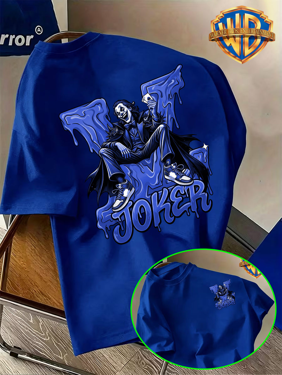 Warner Bros. Official Premium Blue Joker Klein Blue Throne JOKER Print T-Shirt, American Retro Casual Short Sleeve, Men'S Casual Comfortable Multi-Functional Loose Summer Short Sleeve T-Shirt, Suitable for Outdoor Wear, Gym - Royal Blue