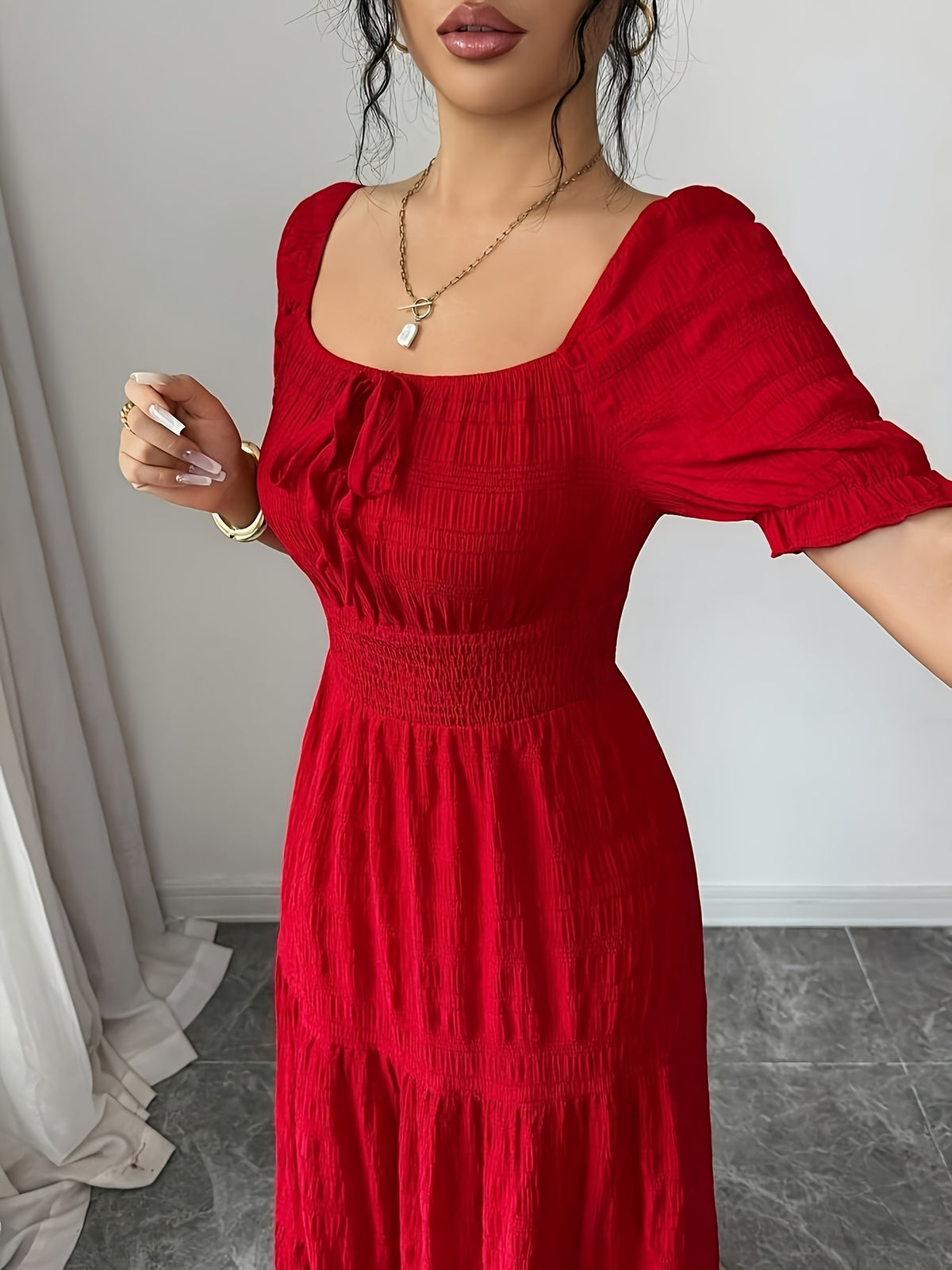 Ladies' Elegant Lace-Trimmed Sleeved Dress with Tie Details, Summer - Red