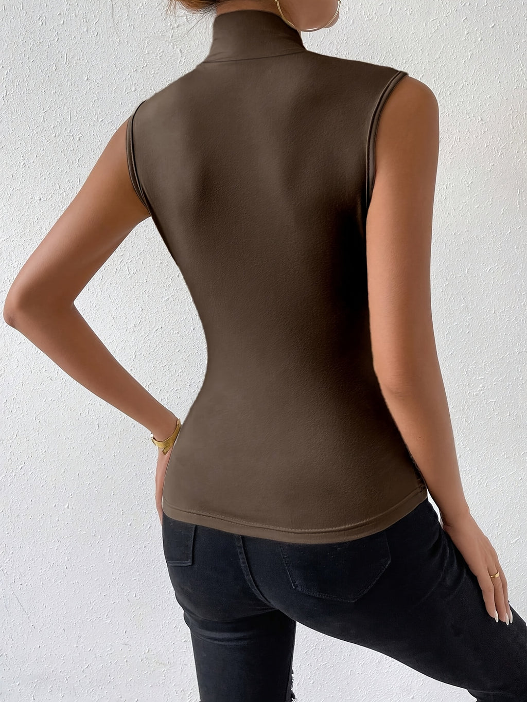 Women'S Elegant Summer Solid Color Overlap V-Neck Pleated Slim Fit Tank Top - Coffee Brown