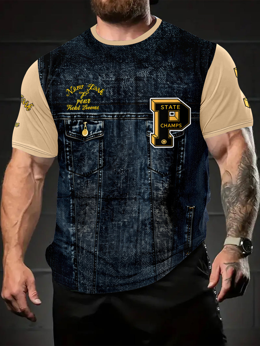 Print Design Not Textured Faux Denim Style Men'S T-Shirt, Retro Pocket Print And Golden Logo, Summer Round Neck Short Sleeve, Comfortable Outdoor Top, Perfect Gift for Him - Mixed colors