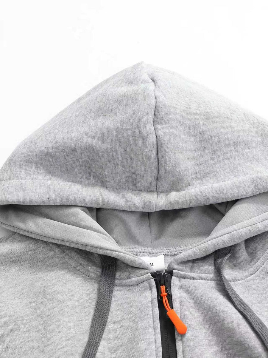 Men'S Athletic Casual Hooded Sweatshirt, Cargo Multi-Pocket Half-Zip Design Brushed K Letter Print Long Sleeve Hoodie - Light Grey