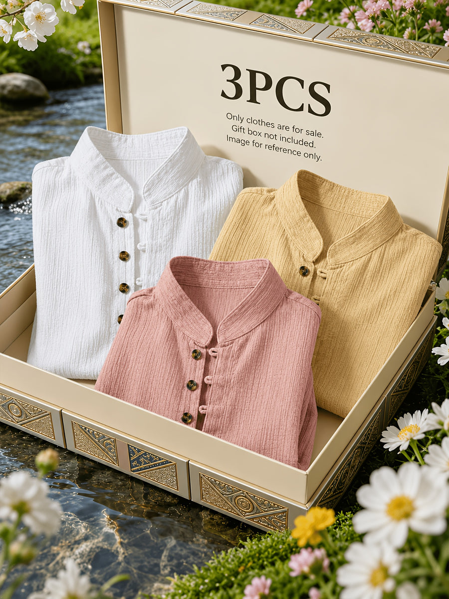 [Pearson Obm] 3pcs Men'S Mandarin Collar Multi Button Shirts Textured Lightweight Breathable Slim Fit Casual Tops Vintage Style for Summer Beach Vacation Travel And Daily Wear - Pink+khaki+white
