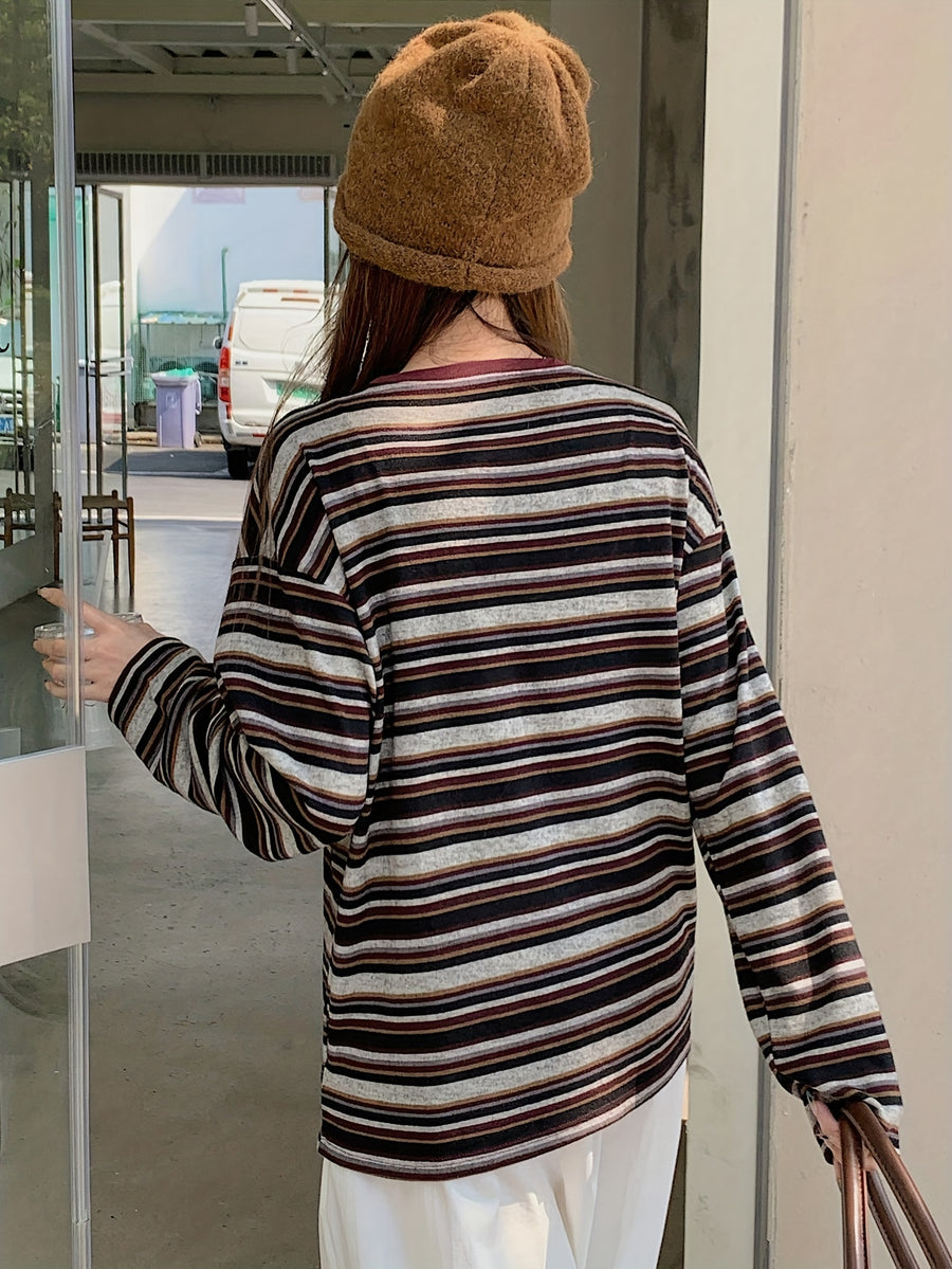 Women's Striped Crew-neck Long-sleeve T-shirt, a Versatile Style for Commuting and a Campus Look - Mixed colors
