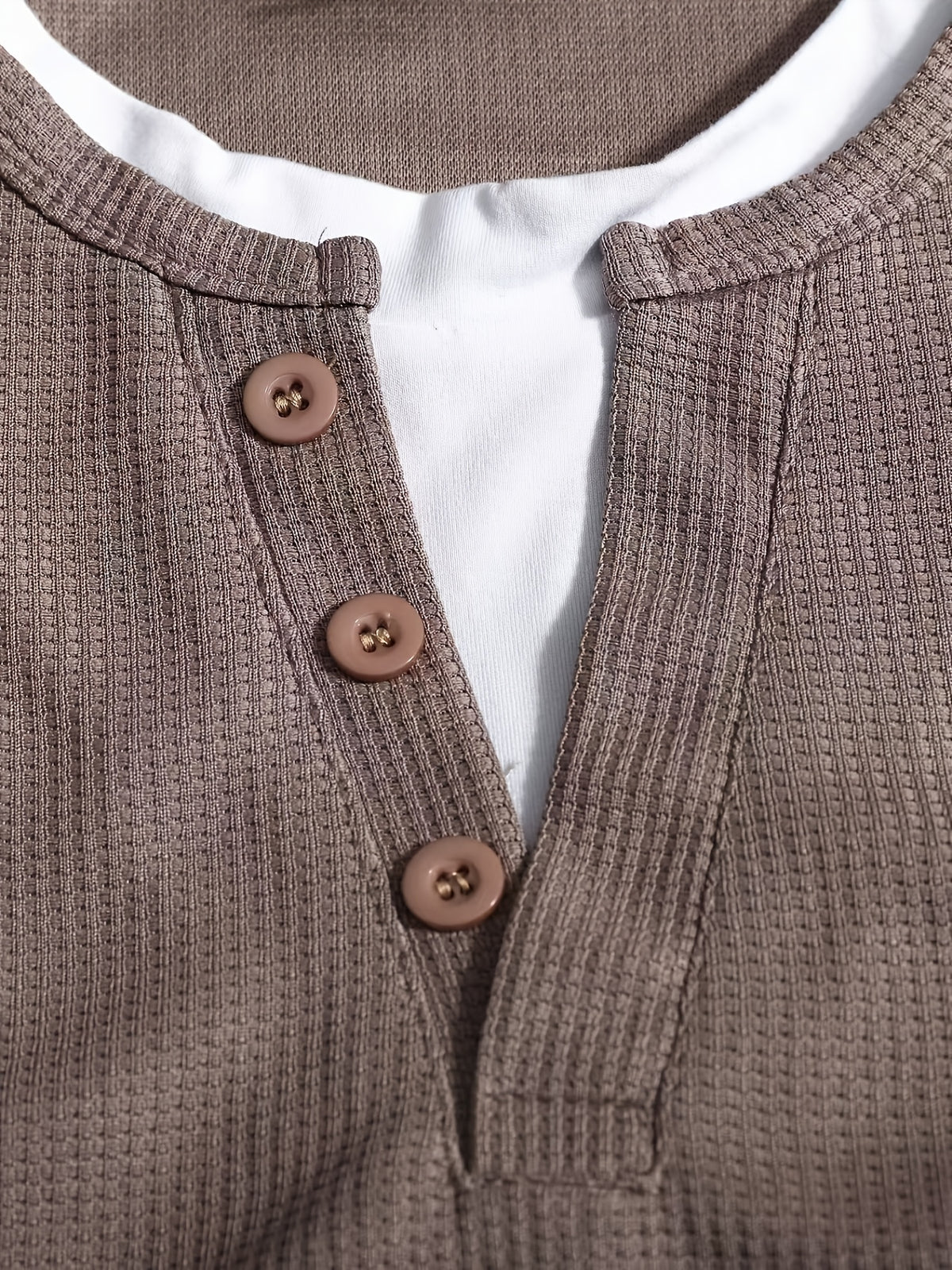 Spring/Autumn Men's Waffle Knit Henley Neck T-Shirt 2-in-1 Look Black and White Color Block Loose Long Sleeve Top - Khaki
