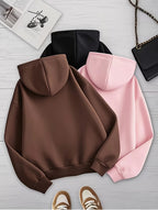 Plus Size, Plus Size Women's 3pcs Solid Color Set with Hooded Sweatshirt, Kangaroo Pocket, and Drawstring Hood - Black+Pink+Brown