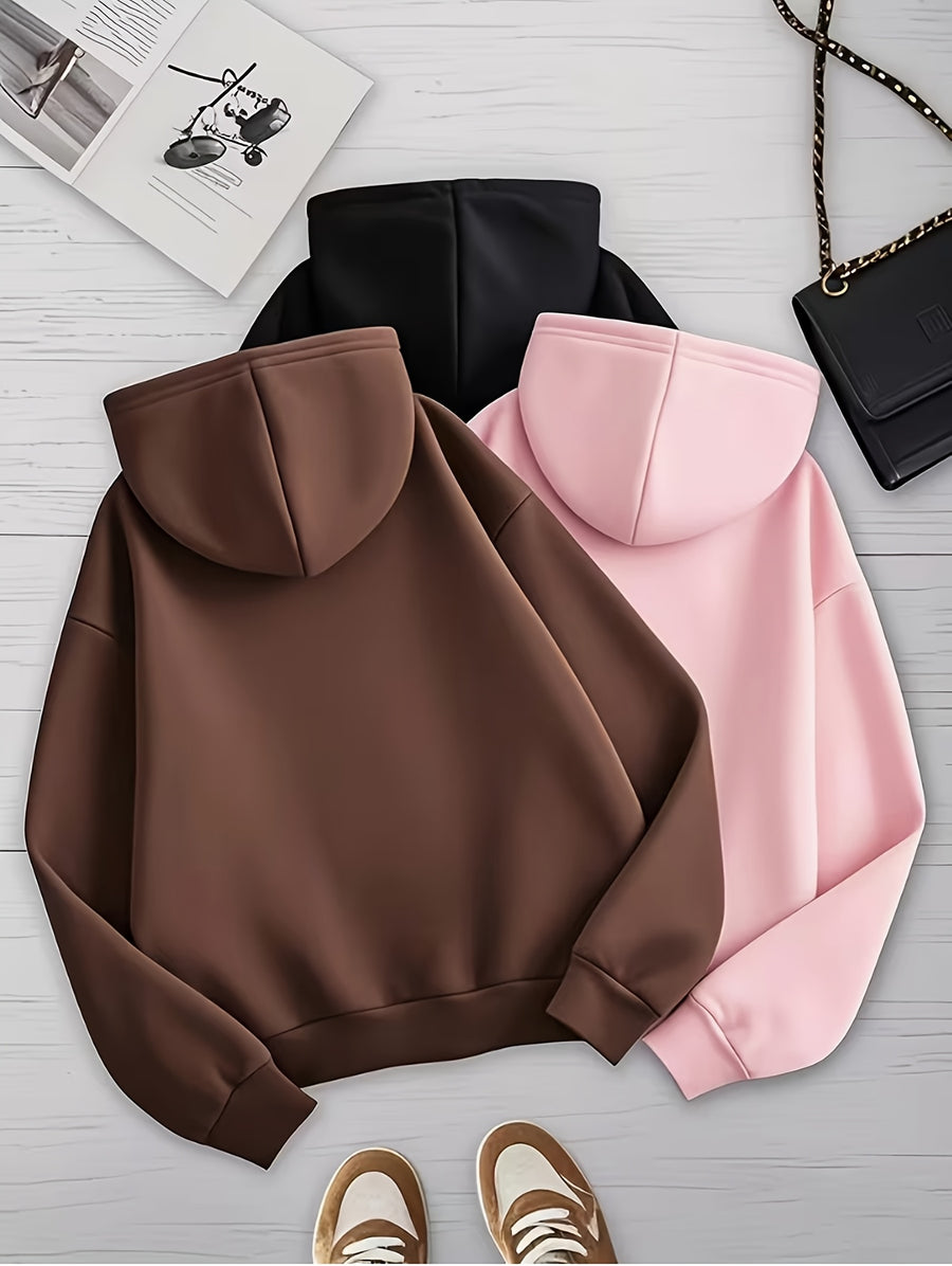 Plus Size, Plus Size Women's 3pcs Solid Color Set with Hooded Sweatshirt, Kangaroo Pocket, and Drawstring Hood - Black+Pink+Brown