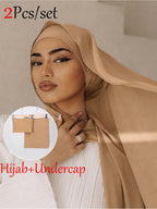 2pcs/Set Includes One Solid-Color Chiffon Headscarf And One Tube-Style Under-Cap. Made from High-Quality, Durable Chiffon, The Set Is Smooth, Comfortable, And Breathable. Suitable for Daily Wear, Commuting, And Eid Prayers; Perfect for All Seasons - Camel