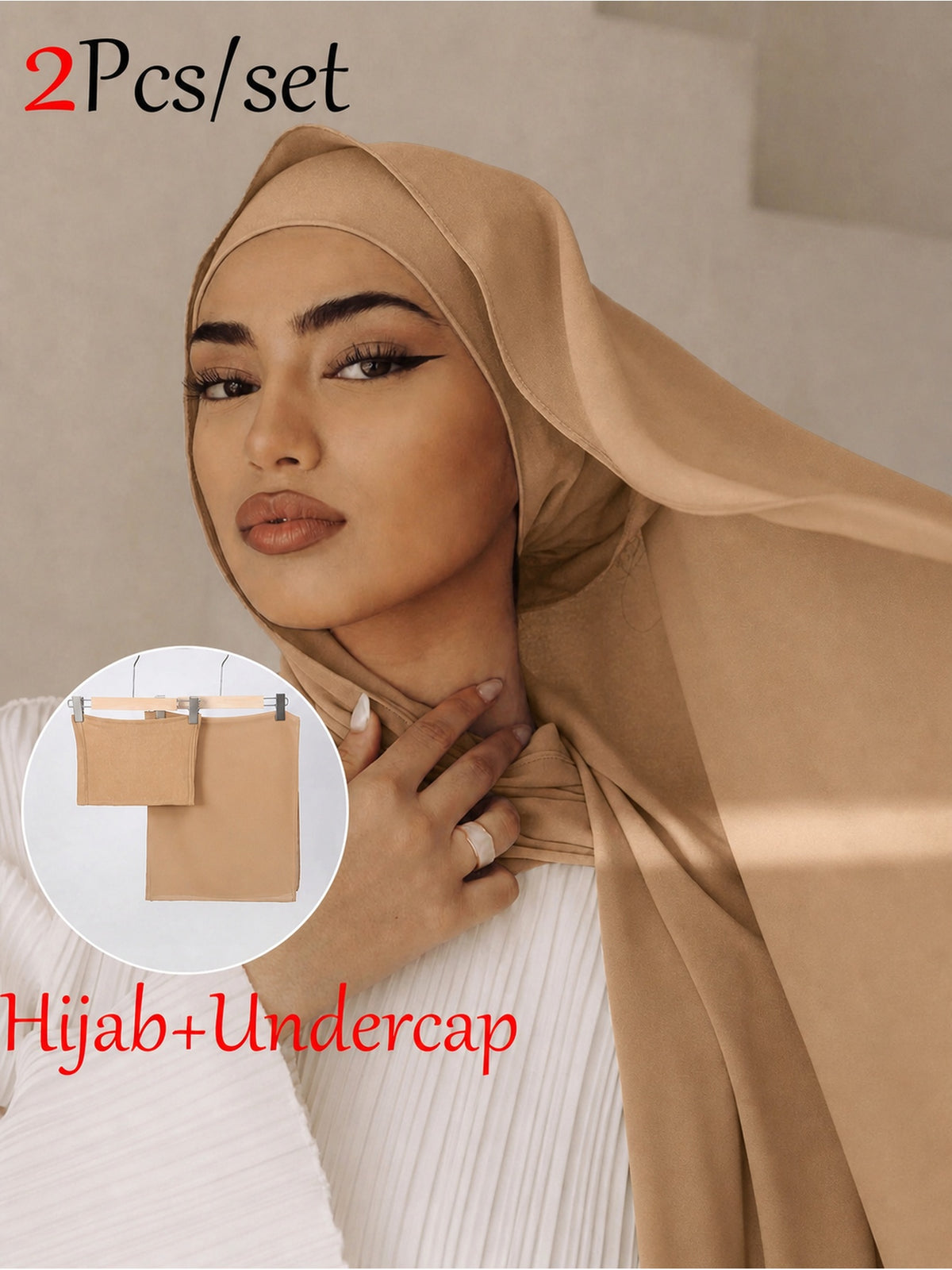 2pcs/Set Includes One Solid-Color Chiffon Headscarf And One Tube-Style Under-Cap. Made from High-Quality, Durable Chiffon, The Set Is Smooth, Comfortable, And Breathable. Suitable for Daily Wear, Commuting, And Eid Prayers; Perfect for All Seasons - Camel