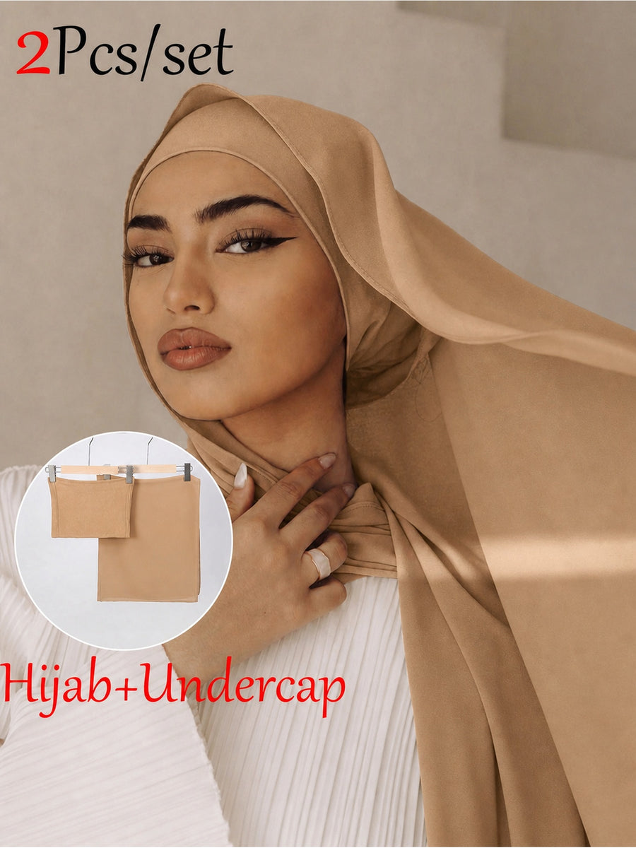 2pcs/Set Includes One Solid-Color Chiffon Headscarf And One Tube-Style Under-Cap. Made from High-Quality, Durable Chiffon, The Set Is Smooth, Comfortable, And Breathable. Suitable for Daily Wear, Commuting, And Eid Prayers; Perfect for All Seasons - Camel