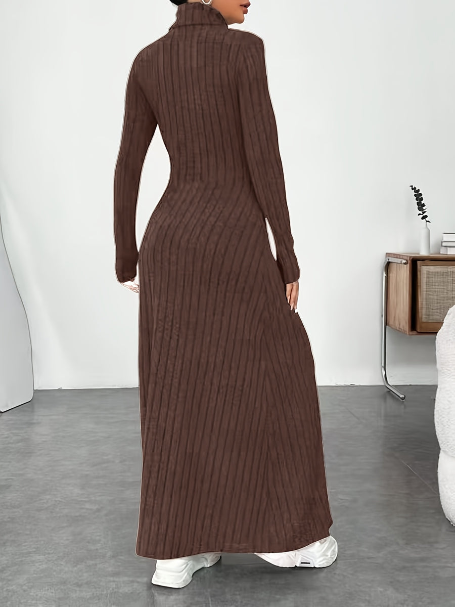 Autumn And Winter Women'S Directional High-Neck Ribbed Long Dress - Vintage Warmth, Body-Hugging And, Effortlessly Creating an Elegant And Relaxed Style for European And American Autumn And Winter - Coffee Brown